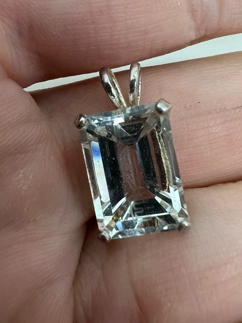 Clear Emerald-Cut Crystal Pendant in Sterling Silver Setting